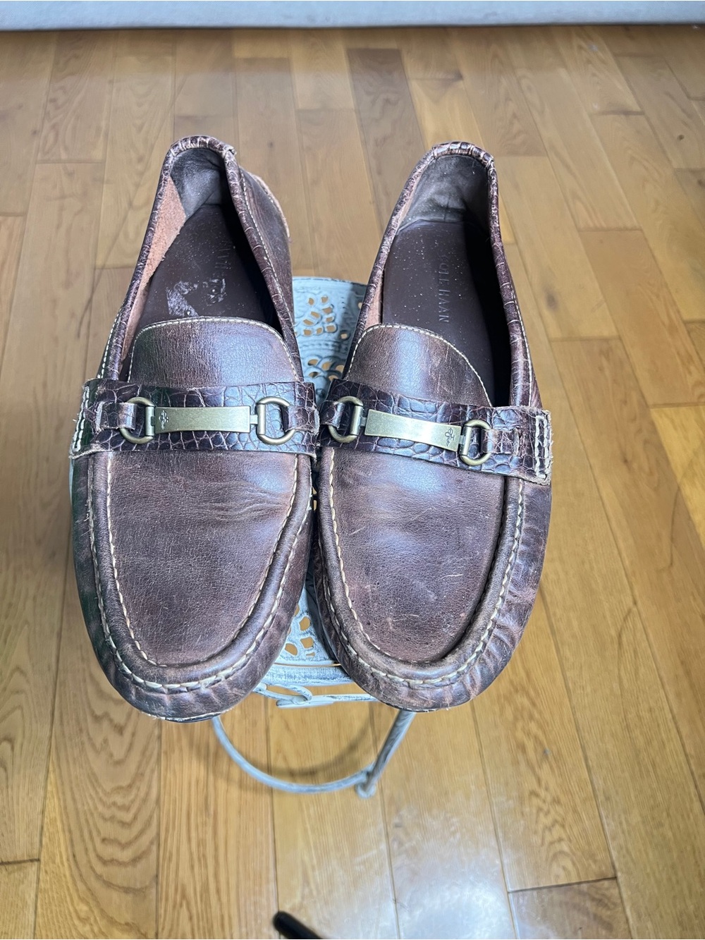 Cole Haan Brown Leather Bit Loafers with Croc-Trim